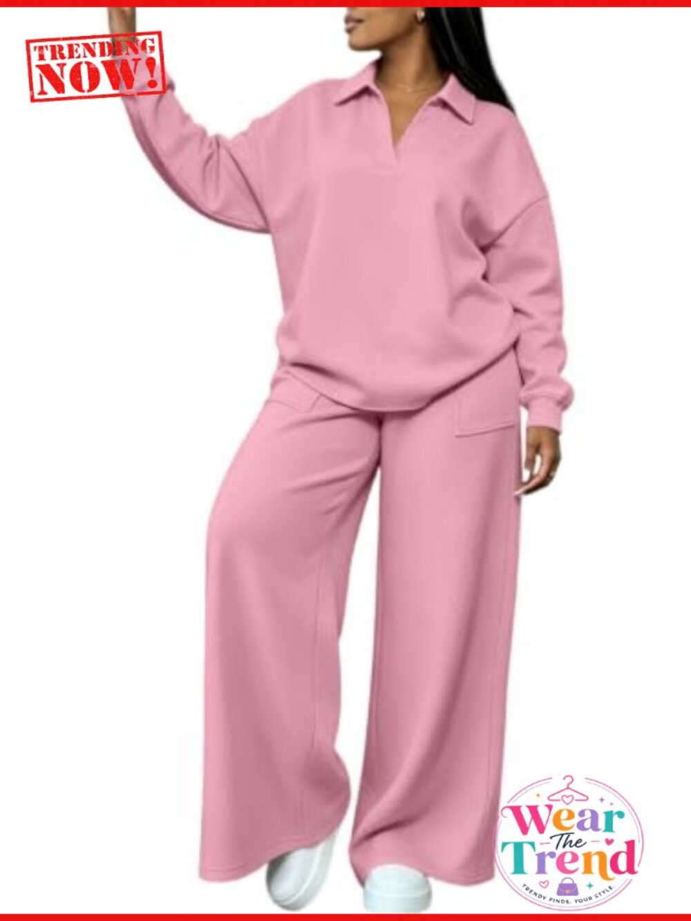 Plus Size 2 Piece Lounge Set Long Sleeve Polo V Neck Sweatshirt Wide Leg